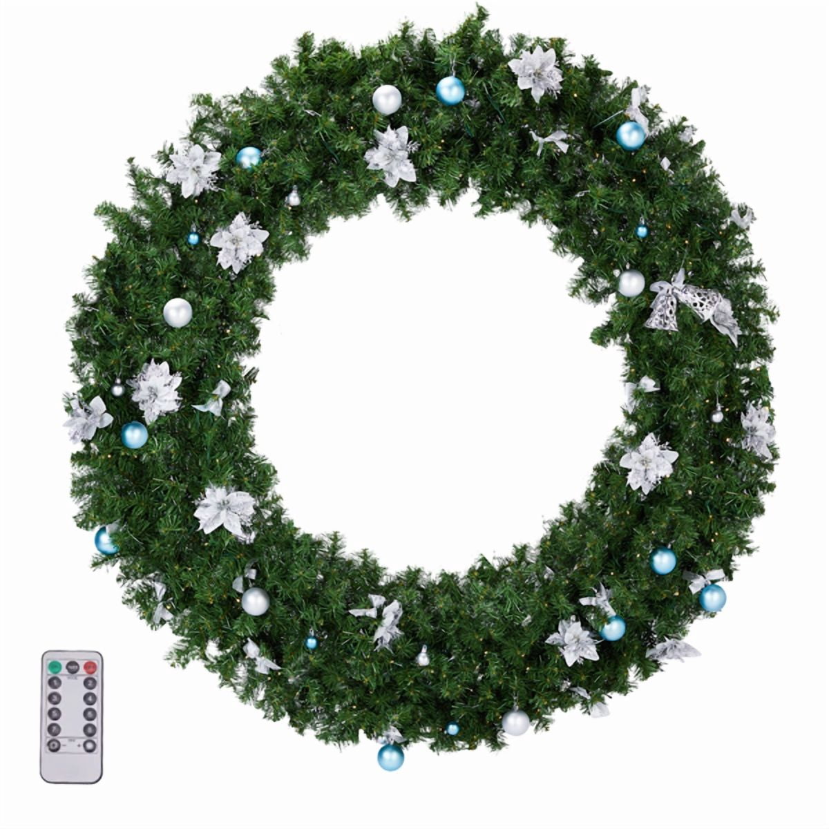 48" Lighted Artificial Christmas Wreath - 450 PVC Fir Branches, 150 Warm/Cold White LEDs (11 Modes) w/Remote, Light Green Decor for Front Door/Mantel