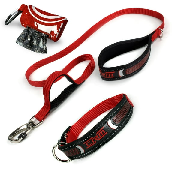 XTRM Dog Leash Collar Set - Heavy Duty Patented Lock, Padded Collar Polyester Long Dog Leashes with Reflective Sports Grip Handle, Dog Poop Dispenser for Small Medium Large Dogs - S,Fiery Red