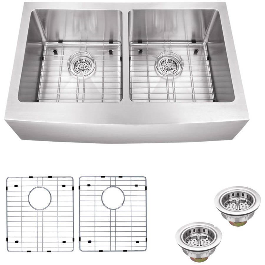 Magnus Sinks 33-in x 20-in Stainless Steel Double Bowl Apron Front Farmhouse Kitchen Sink with Grid Set and Drain Assemblies