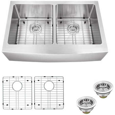 Magnus Sinks 33-in x 20-in Stainless Steel Double Bowl Apron Front Farmhouse Kitchen Sink with Grid Set and Drain (Best Farmhouse Sink For The Money)