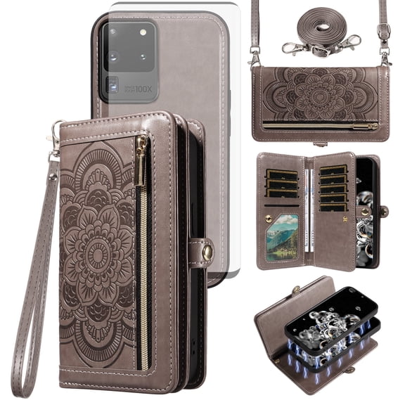 Asuwish Phone Case for Samsung Galaxy S20 Ultra 5G Zipper Wallet Cell Cover with Tempered Glass Screen Protector Lanyard Strap Flower Flip Card Holder S20ultra 20S S 20 A20 S2O 20ultra G5 Women Gray