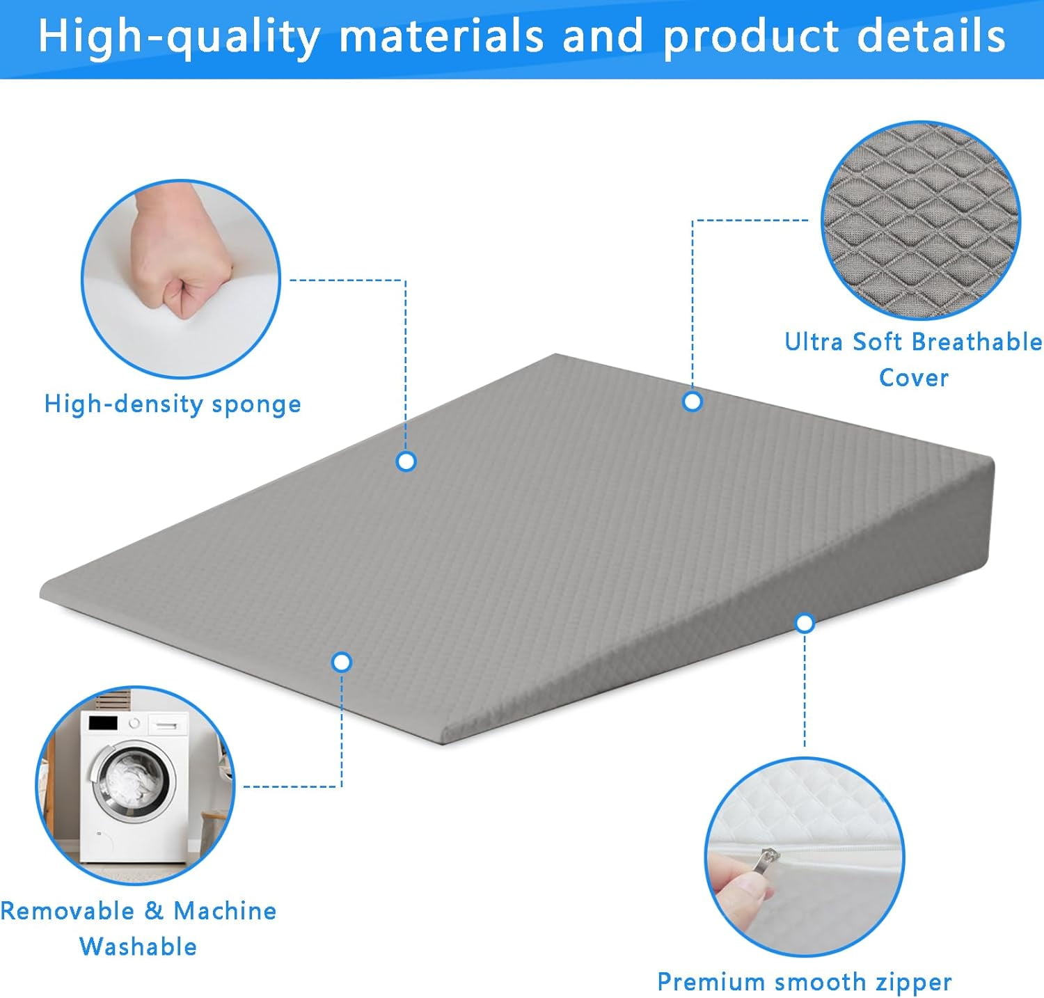 Bed Wedge Pillow Triangle Belt Foam for, Knee, Small Leg, Reading, Maternity (Grey)