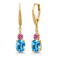 Gem Stone King 18K Yellow Gold Plated Silver Swiss Blue Topaz and Pink Moissanite Dangle Earrings for Women with Lab Grown Diamond (4.99 Cttw, Oval 9X7MM)