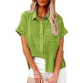 thumbnail image 2 of DDAPJ pyju Casual Cotton Linen Button Down Shirts for Women Plus Size Lapel V Neck Short Sleeve Summer Blouse Top Plain Tees with Pocket Birthday Gifts Grass Green M, 2 of 9