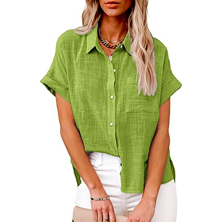 YYDGH Button Down Shirts for Women Linen Solid Color Short Sleeve Blouse V  Neck Collared Tops with Pocket Mint Green S 
