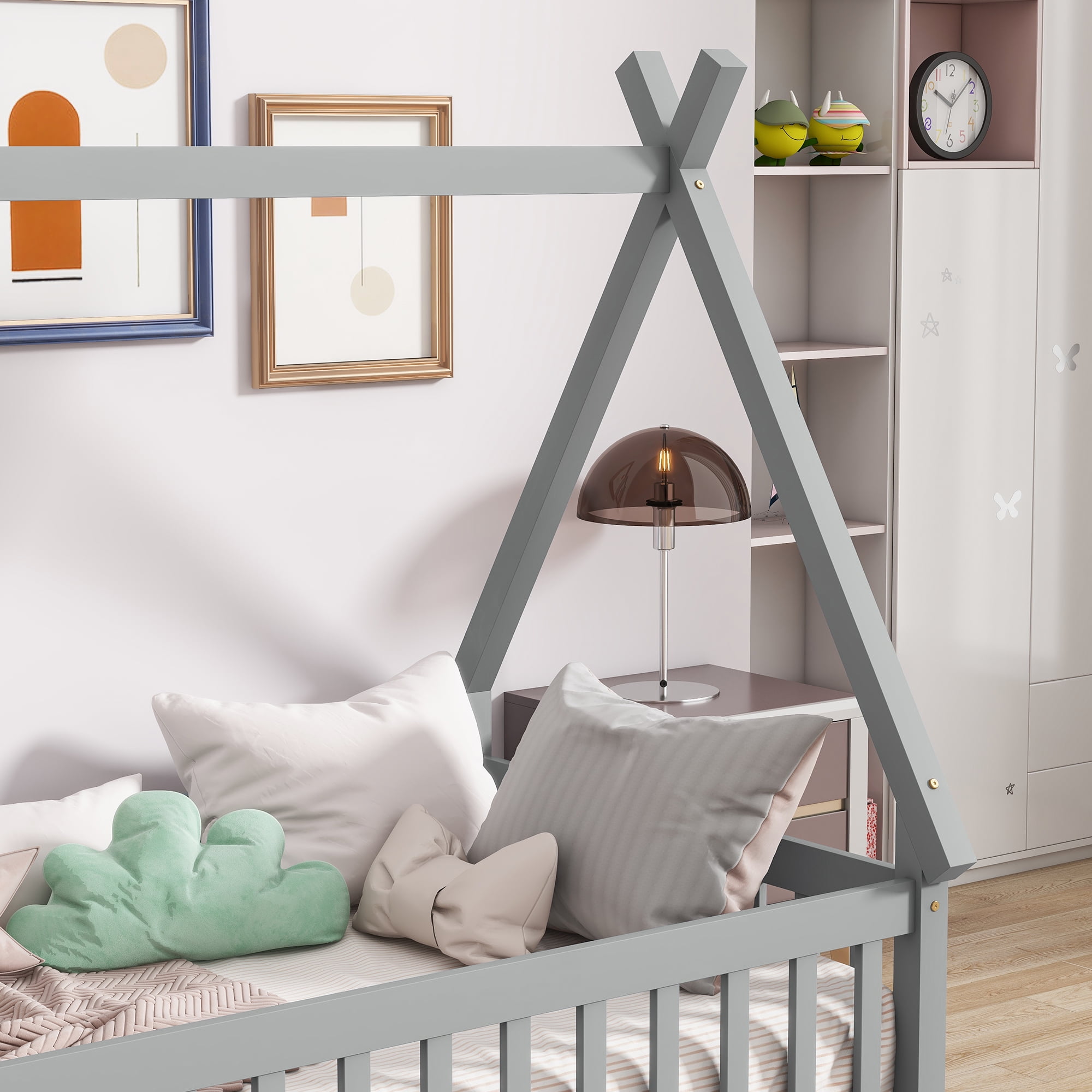 Mirightone Twin Size Floor Bed, Montessori Teepee Floor Bed with Rails, Wood Tent-Shaped Bed with Fence (Gray)