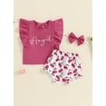 thumbnail image 4 of Suagox Toddler Girls 3Pcs Clothes Set  Summer Outfits Letter Print Ruffles Sleeveless Tank Tops Lemon/Cherry Print Shorts Headband for 3-24 Months and 2-3 Years Old Baby, 4 of 10