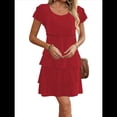 thumbnail image 2 of Elegante Vestido de para Mujer, con Volantes, , Cuello Redondo, Mangas Abullonadas, Vestido Midi Fluido para Cóctel o Fiesta Vino Tinto S, 2 of 7
