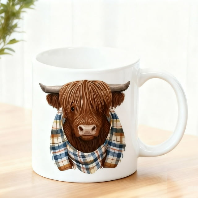 Taza de cerámica con bufanda a cuadros de vaca, taza de café o té con estampado de ganado escocés caprichoso para los entusiastas de la decoración.
