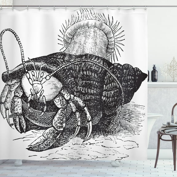 Hermit Crab Shower Curtain, Monochrome Pencil Drawing Illustration of a Crab Dragging Sea Anemones, Fabric Bathroom Set with Hooks, 69W X 75L Inches Long, Charcoal Grey White, by Ambesonne