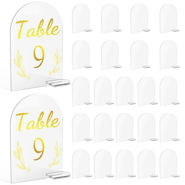 MesaSe PENGXAING 25Pcs Acrylique Signe Arc Clair Acrylique Signe avec Stand Blanc Arc Nom Signes DIY Arc Numéro de Table Porte Numéros de Table Réutilisables Plaque pour Table de Mariage Pièce Maîtresse Déc