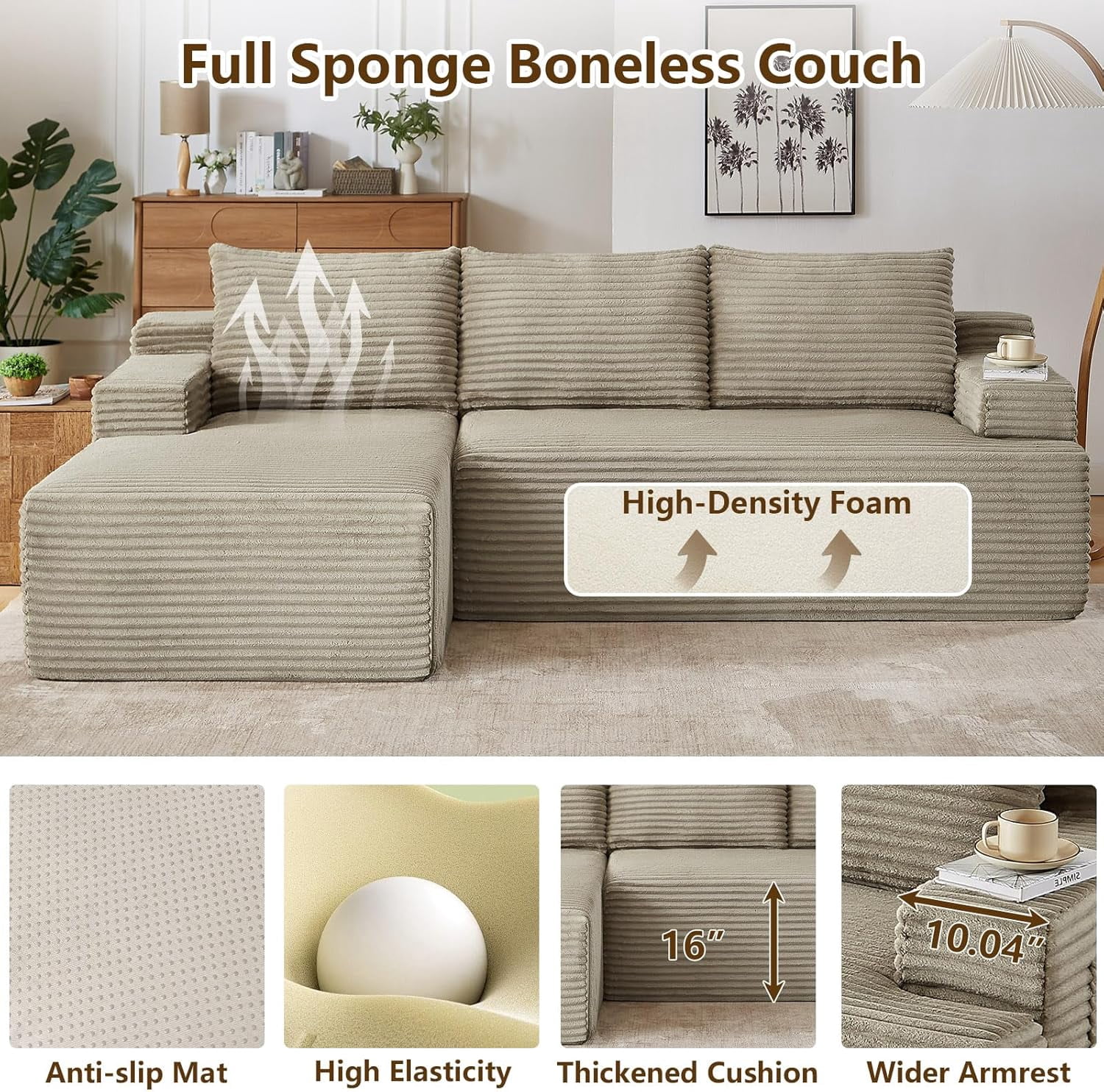 96" Boneless Cloud Couch with Chaise, Modular Sectional Sofa for Living Room, No Assembly Required, Deep Seat Corduroy Couch, Camel