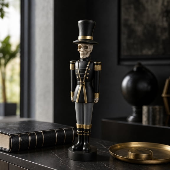 QLUEWX Skeleton Nutcracker Soldier Statue, 14 Inch Gothic Skull Nutcracker Figurine, Vintage Black Gold Resin Sculpture, Halloween Christmas Farmhouse Mantel Tabletop Decor