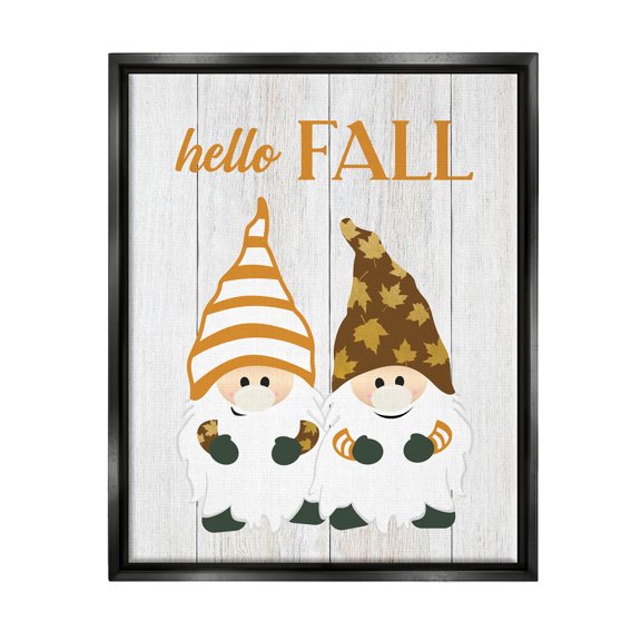 Stupell Industries Hello Fall Whimsical Gnomes Graphic Art Jet Black Floating Framed Canvas Print Wall Art, Design by CAD Designs