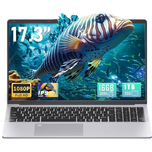 Rumtuk 17.3" Silver Laptop, Larger Full HD IPS Screen, Celeron N5095, 16GB RAM, 1TB SSD, Win 11 Pro/Office 2019, Fingerprint, Backlit KB, HDMI, 3 USB 3.0, WiFi/BT. Ideal for Students and Business!