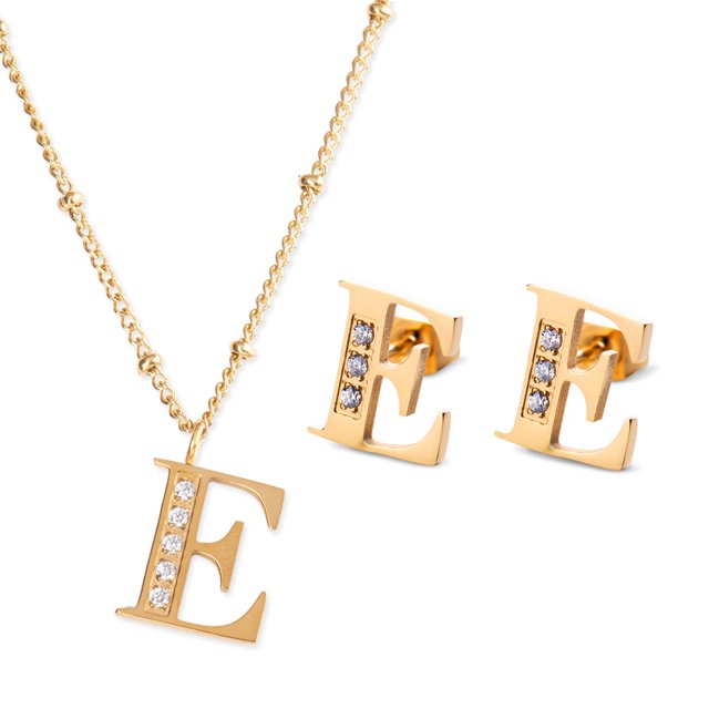 Juego Joyería Mujer, Collar Aretes Inicial Letras LuckyLy, Acero Inoxidable Baño de Oro 18k dorado UNITALLA