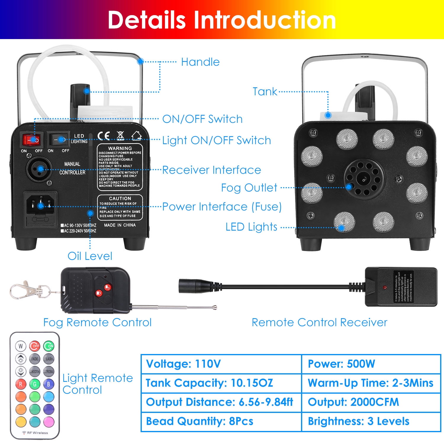 Fog Machine 2000CFM Colorful Smoke Machine with 8Pcs LEDs 5 Lighting Effects 3-Level Brightness