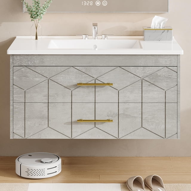 Floating Bathroom Vanity with Sink 30 inch, Modern Bathroom Sink Cabinet, Ceramic Vanity Top, 2 Large Storage Drawers with Gold Metal Handle, Easy to Assembly