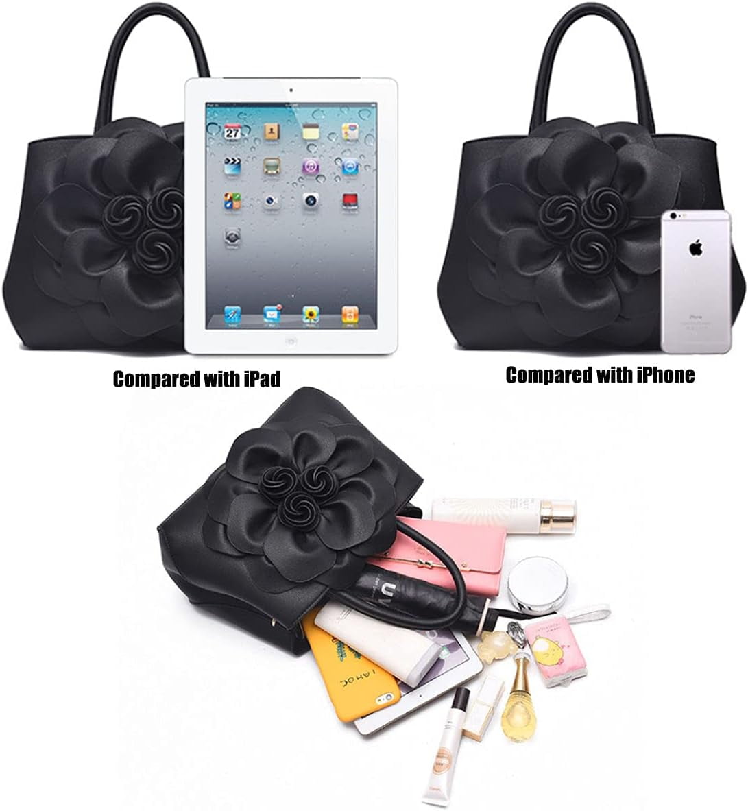 Womens PU Leather Handbags Purses Top-handle Totes Satchel Shoulder Bag for Ladies with Big flower