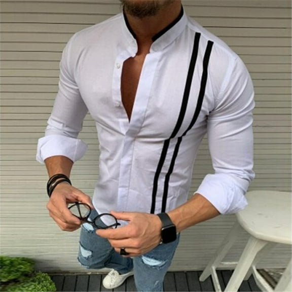 Utoimkio Men's Long Sleeve Stand Collar Shirts Long Sleeve Casual Loose Blouse Tops Cotton Comfortable Breathable Striped T Shirts for Men
