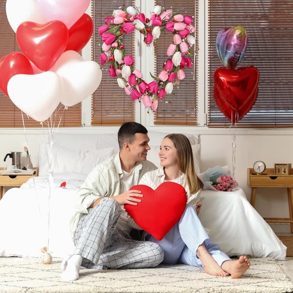 JEWLALO 19 Inch Heart Shaped Pink & White Tulip Wreath for Valentine's Day, Wedding & Parties, Indoor Outdoor Decorations