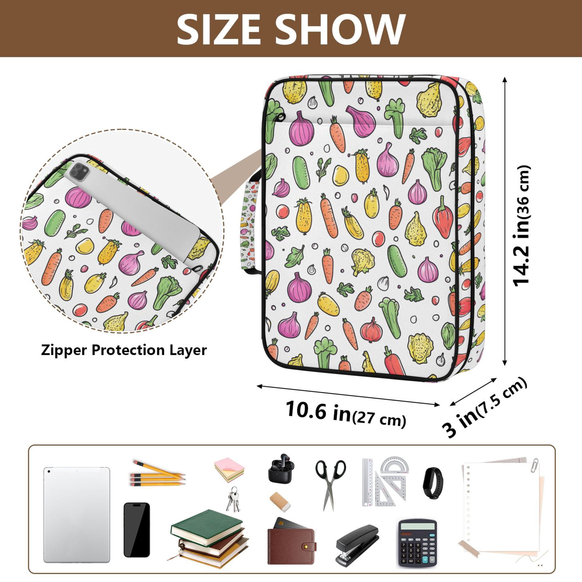 FORMRS Accordion File Folder A4 Size 7-Pocket Expanding Document Organizer Bag with 3 Ring Binder, Various Vegetables Pattern