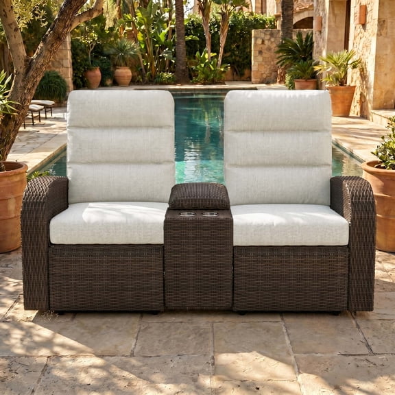 LayinSun Oversized Wicker Outdoor Reclining Loveseat Sofa, 2-Seater Recliner Couch with Storage & Cup Holder