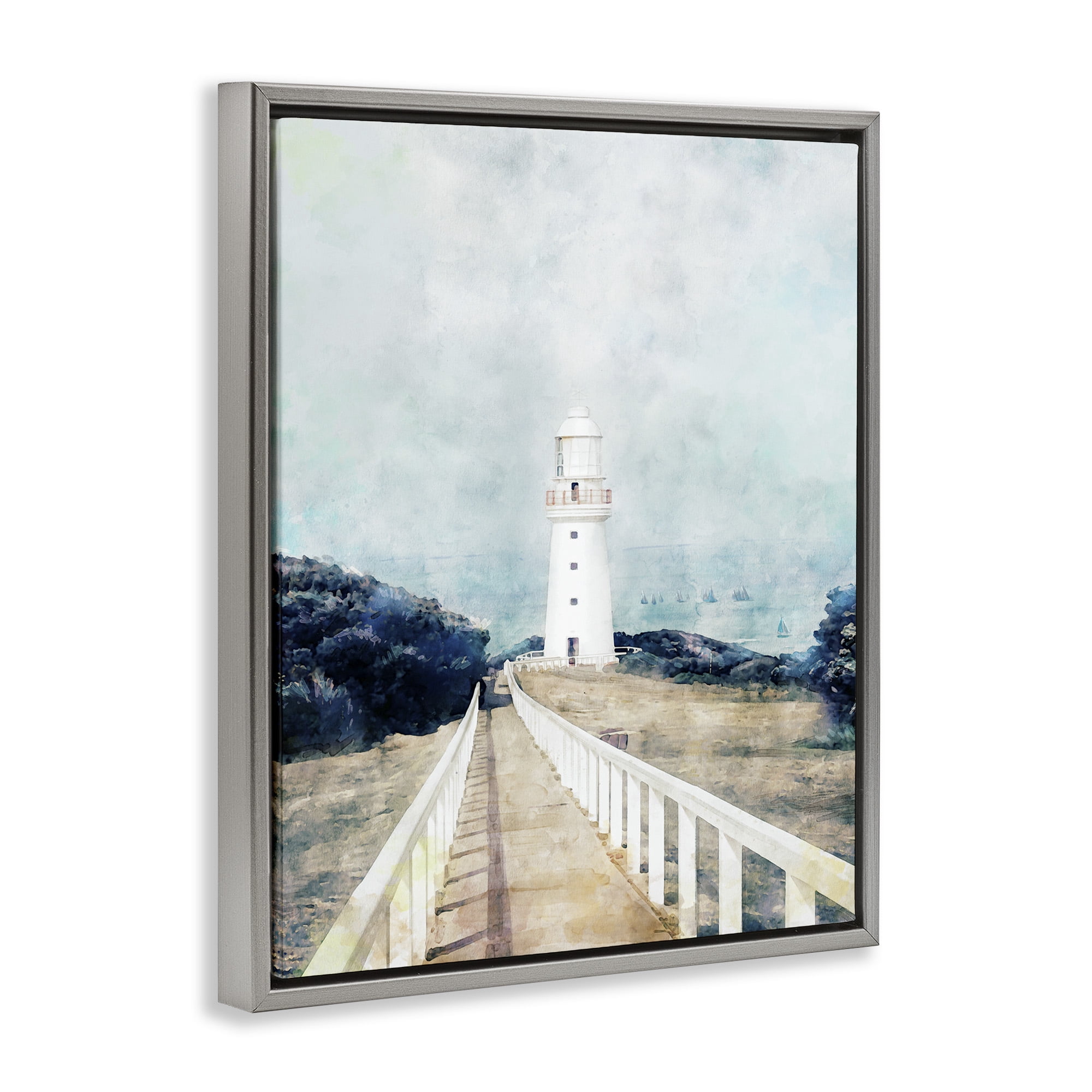 Stupell Industries White Lighthouse & Rustic Boardwalk Nature Painting Gray Floater Framed Canvas Art Print Wall Art, 17 x 21