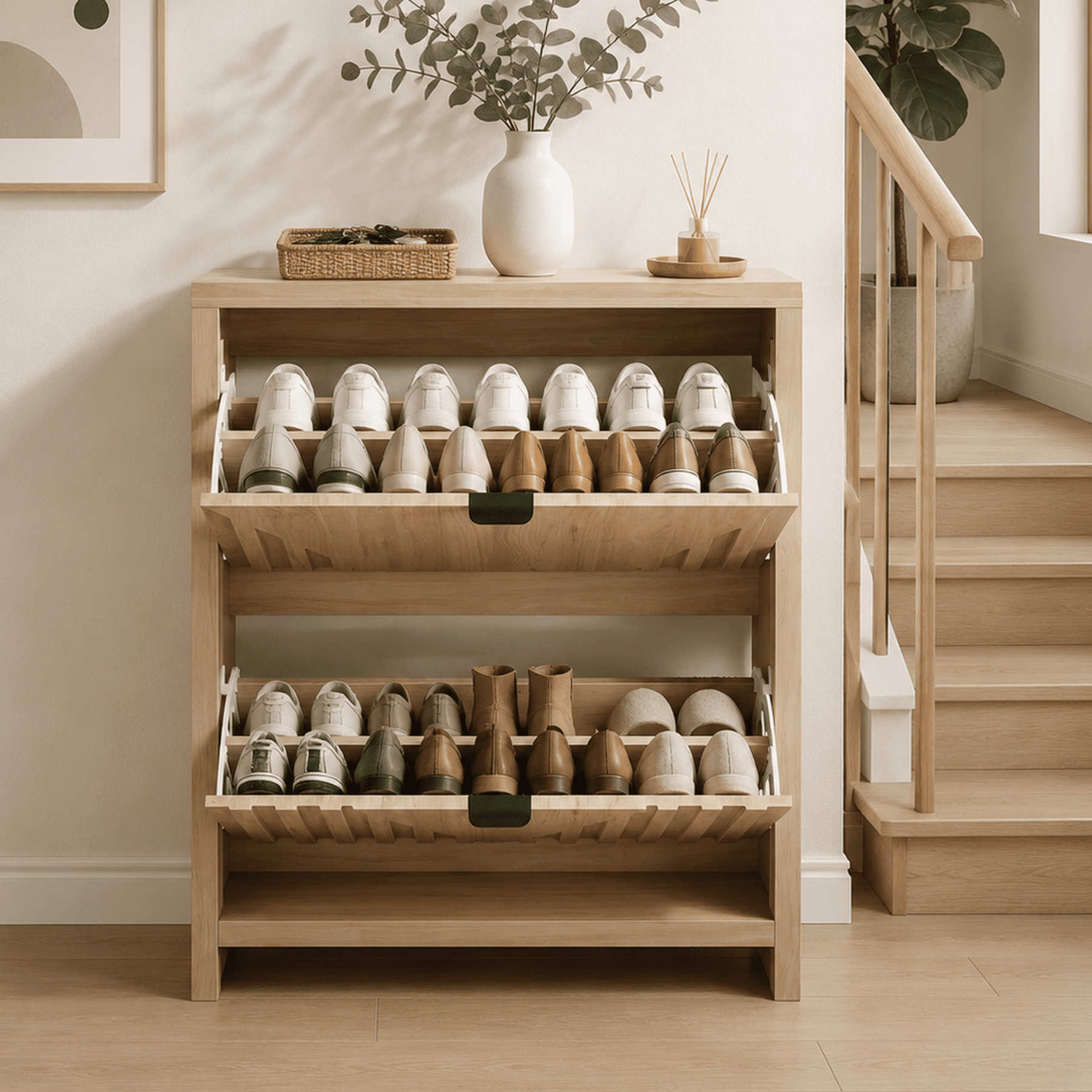 Leumius Shoe Cabinet Storage with 2 Flip Drawers,Wood Shoe Cabinet with Vertical Carved Panels,Freestanding Shoe Storage Cabinet for Entryway Hallway,Oak