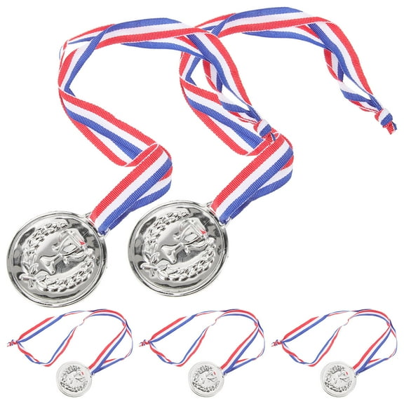 LEORX 5Pcs Plastic Silver Medals for Sports Awards and Decorative Desktop Use