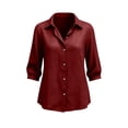 thumbnail image 5 of Women's 3/4 Sleeve Button Down Shirts Lapel Solid Color Cardigan Faux Cotton Linen Casual Loose Comfy Outwear (XL, Wine), 5 of 6