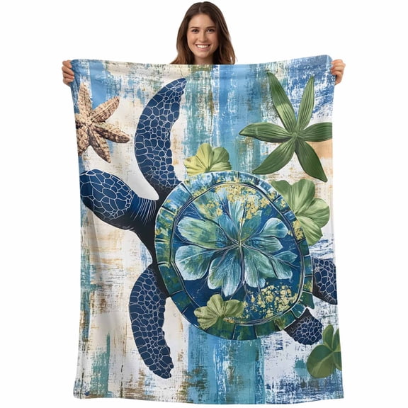 Sea Turtle Coastal Blanket Soft Cozy Warm Throw Blanket for Couch, Plush Fuzzy Flannel Fleece Blankets for Sofa, Nautical Beach Summer Retro Bed Blankets Lightweight Gifts for Women, 32"x48"
