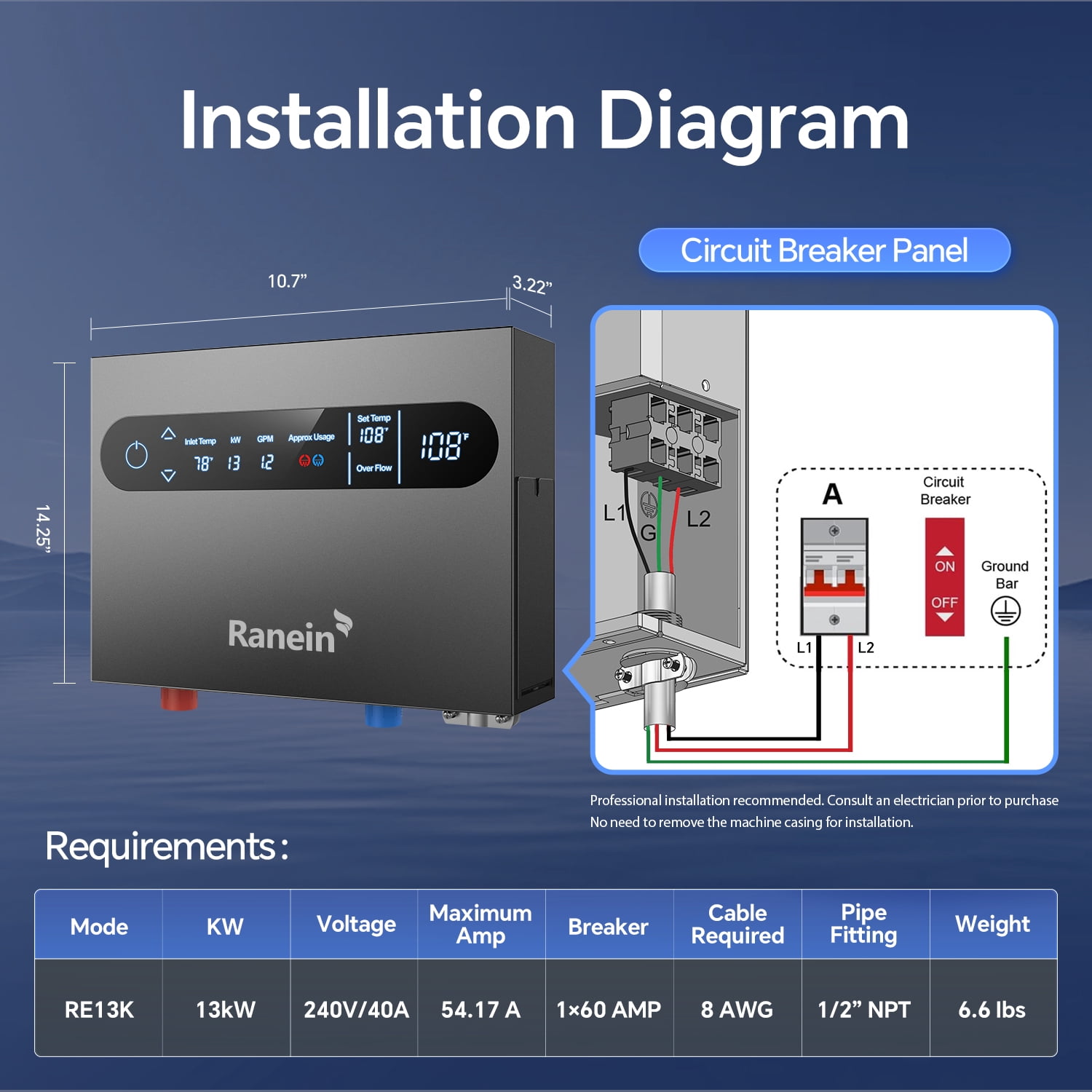 13kW Tankless Electric Water Heater, 240V on Demand Instant Endless Water Heater with LED Temperature Display for Whole House Shower