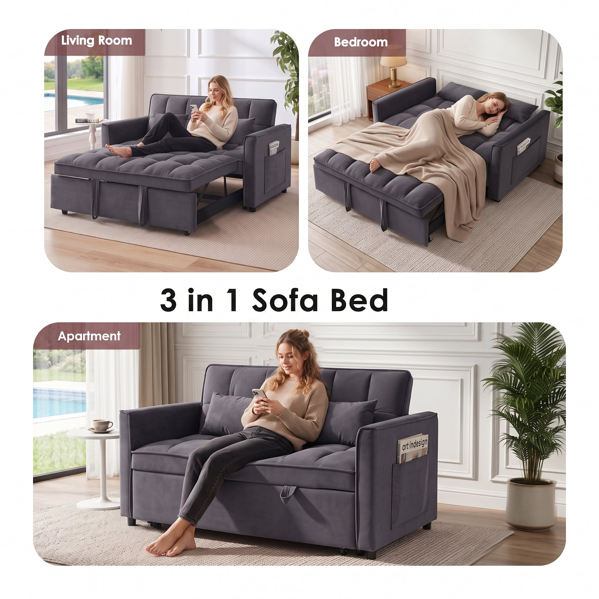 avobird 3 in 1 Convertible Sleeper Futon Sofa Bed, 55" Pull Out Sofa Bed with Storage Pocket/Side Pocket/2 Pillows for Living Room, Dark Gray