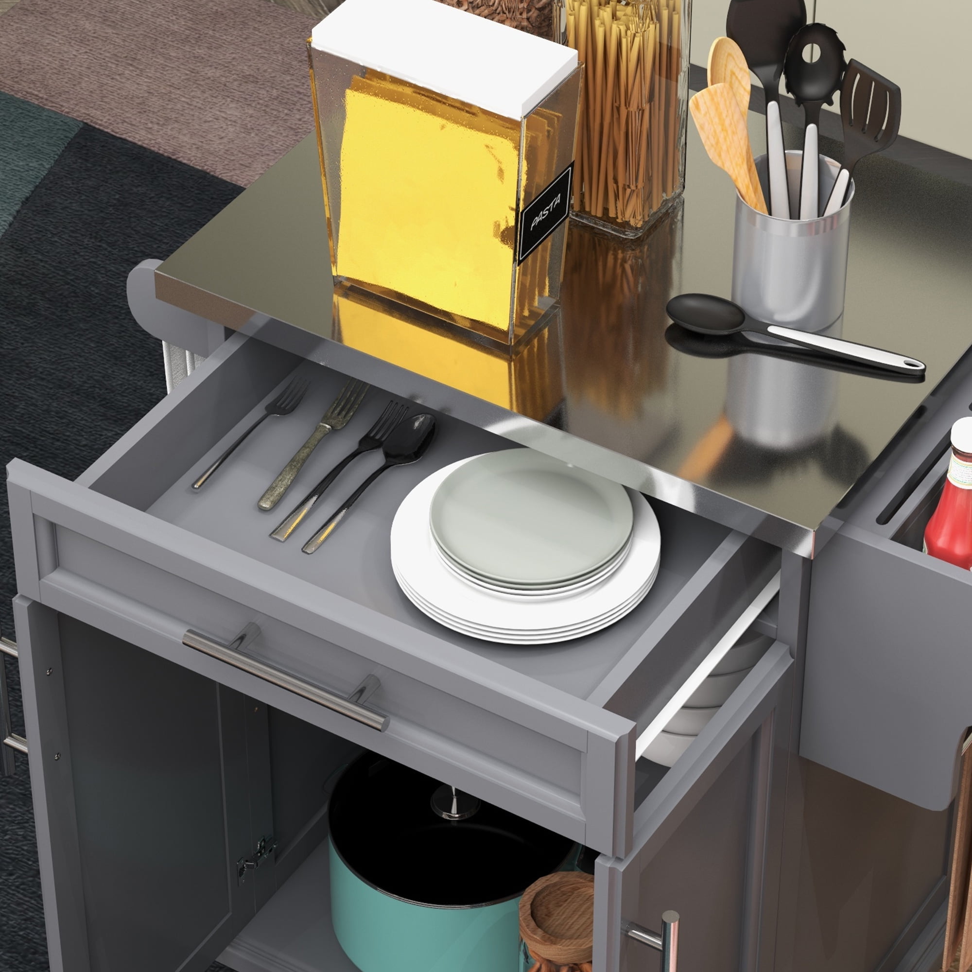 HOMCOM Rolling Kitchen Island on Wheels with Drawer, Spice Rack, Gray