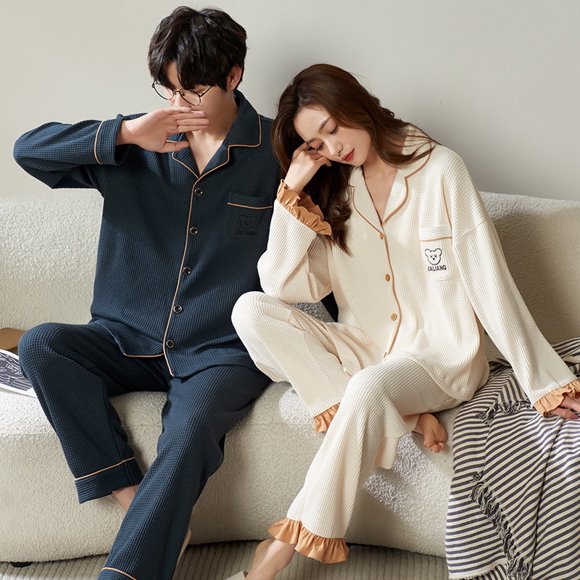 Pyjama en Coton pour Couples Cardigan Coréen Hommes Pijamas Femmes Ensemble de Pyjamas Longs Hauts de Sommeil Pantalon Tenue de Nuit Pjs pareja hombre