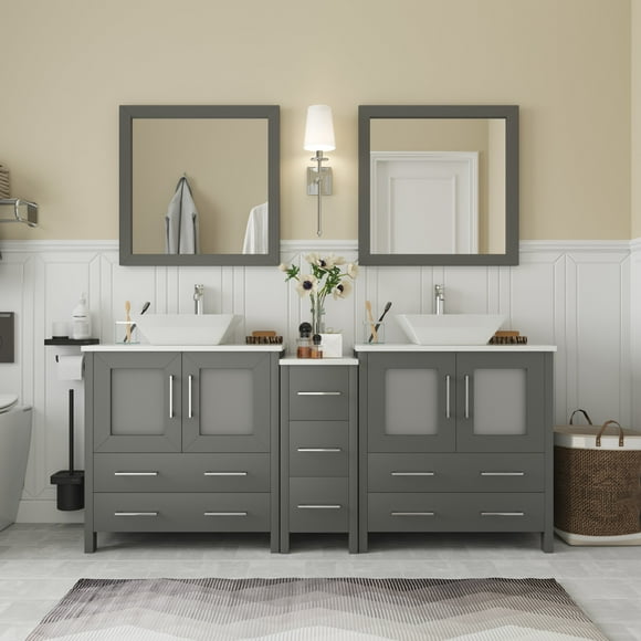 Vanity Art 72 in. W Double Sink Bathroom Vanity with Engineered Marble Top and Two Free Mirror