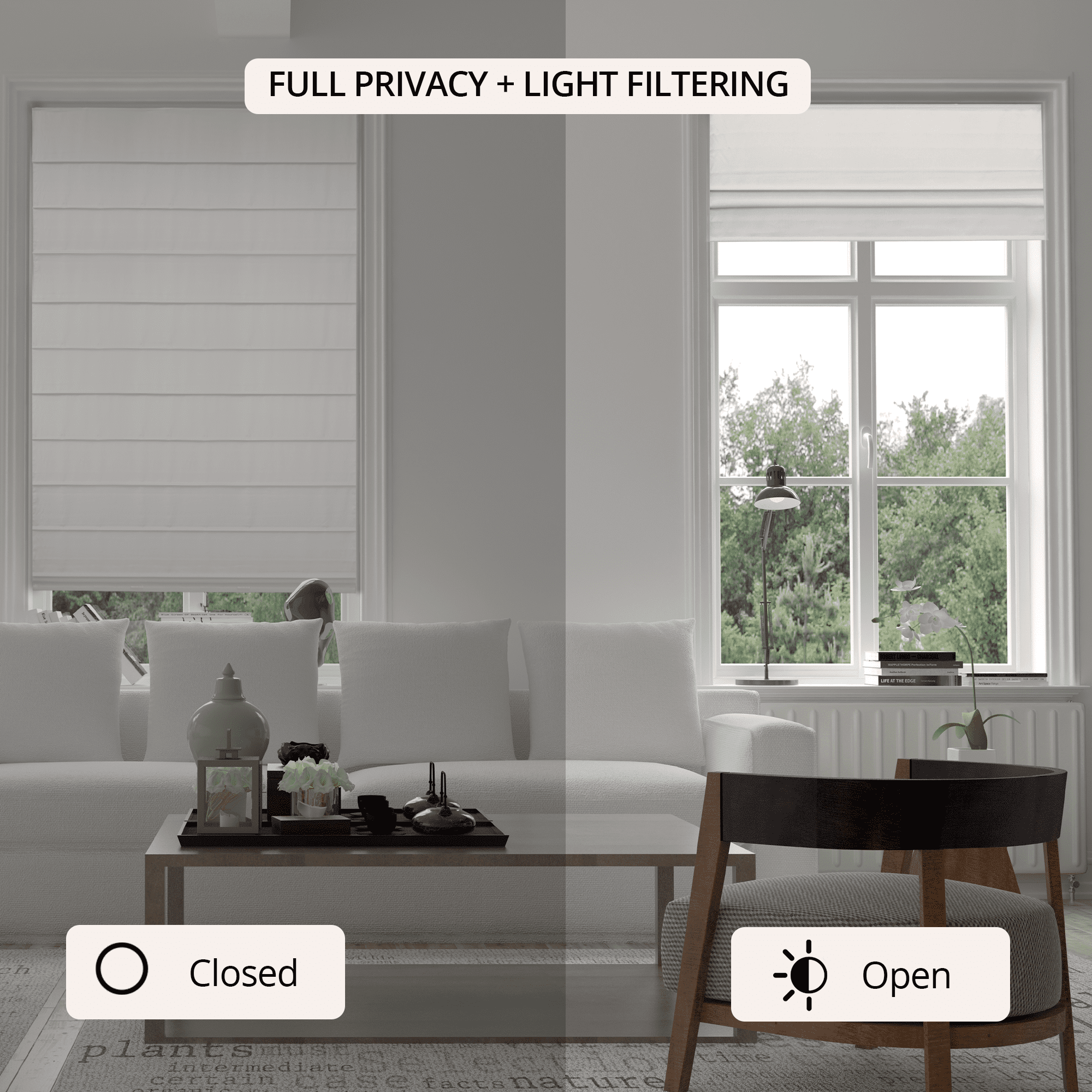 Chicology Cordless Roman Shade, Light Filtering, Ridgewood Ultra White, 39"W X 72"H