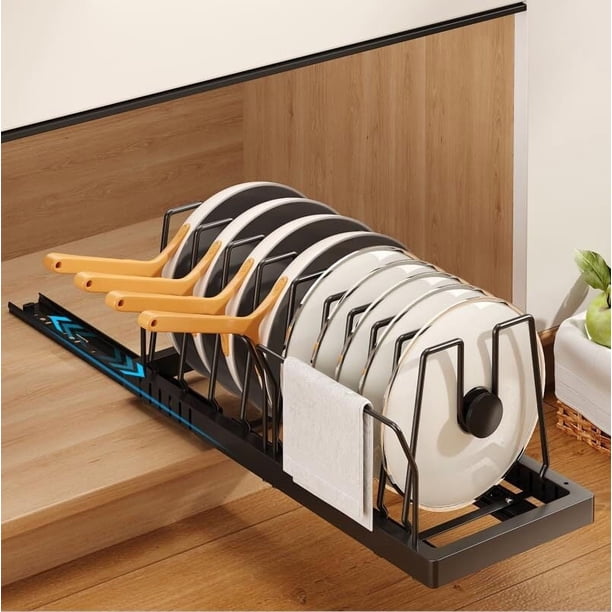 Organizador de Sartenes y Ollas Corredero Porta Sartenes de Cocina 10 Compartimentos Ajustables Metal Estante Tapas de Ollas Cajon Negro