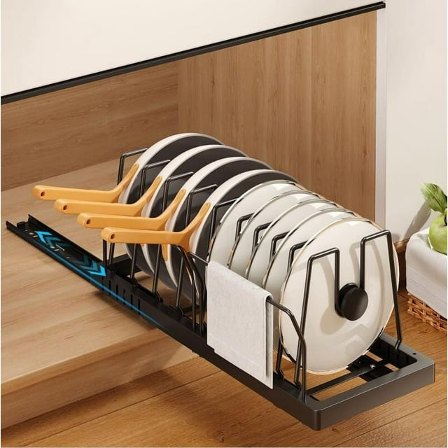 Organizador de Sartenes y Ollas Corredero Porta Sartenes de Cocina 10 Compartimentos Ajustables Metal Estante Tapas de Ollas Cajon Negro