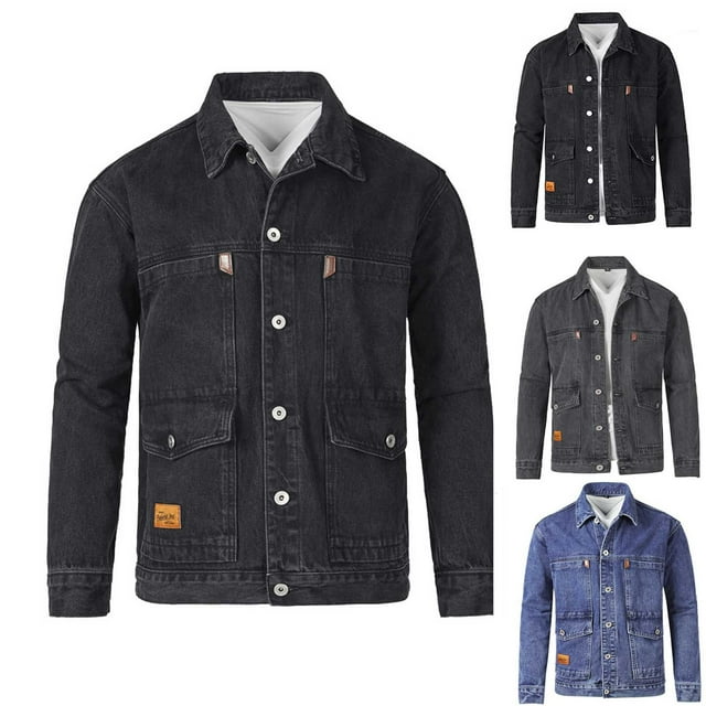 Jinhomg Men's Denim Jacket Washed Distressed Flex Stretch Casual Jeans Coat Solid Color Button Slim Fashion Work Jackets with Pockets Gray,XXL