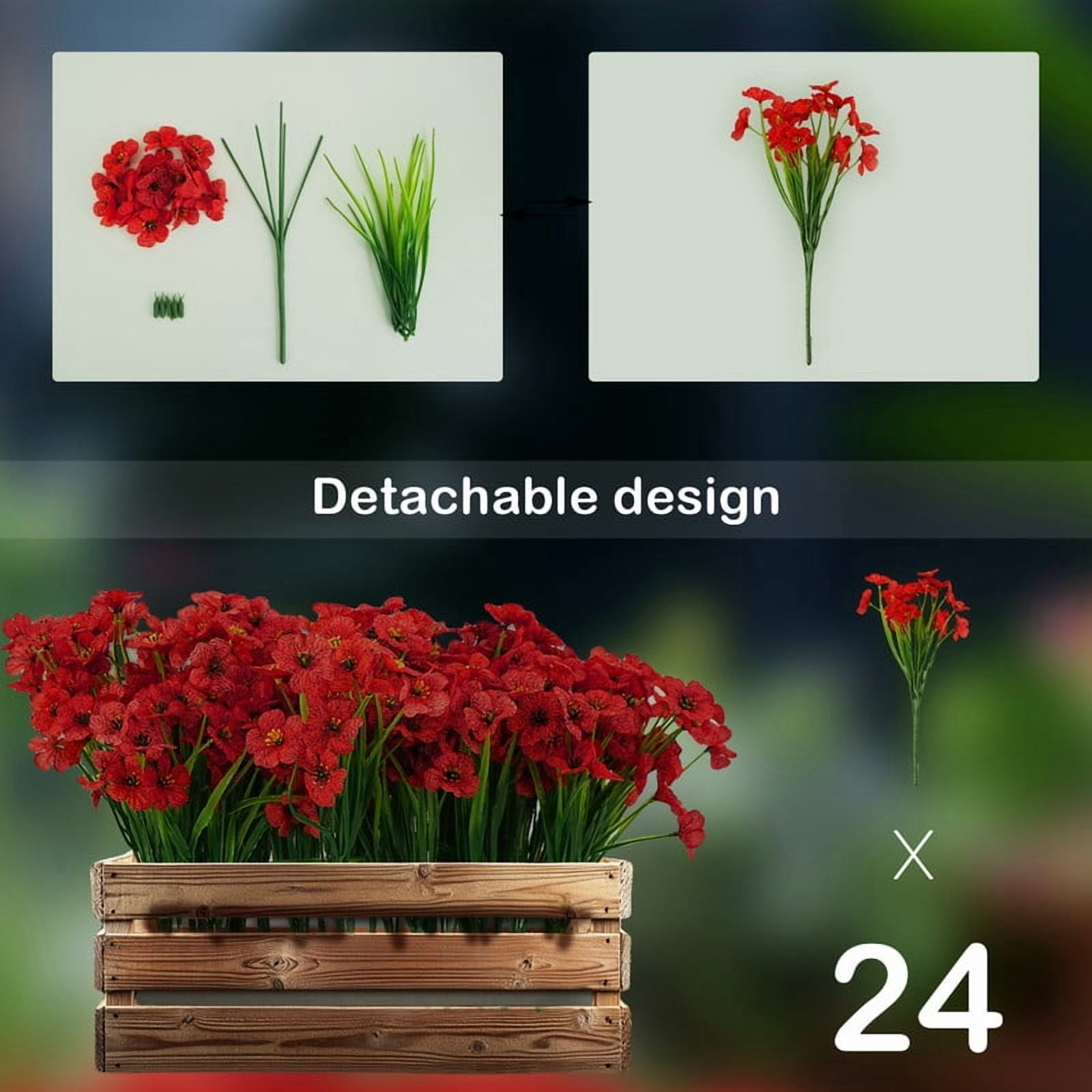 CADODIS 24 Bundles Artificial Flowers Outdoor No Fade Fake Plastic Flowers Outside Garden Porch Wedding Farmhouse Faux Plants Decoration Indoor Window Box Home Hanging Planters，RED