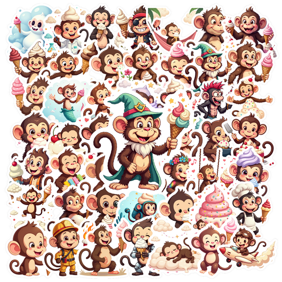 Cartoon Monkey Theme Stickers, Waterproof Monkey Theme Sticker for Water Bottle Laptop Phone Cases Planner Skateboard Luggage Helmet Party Favor Decor, Ideal for Adults Teens Teacher Rewards