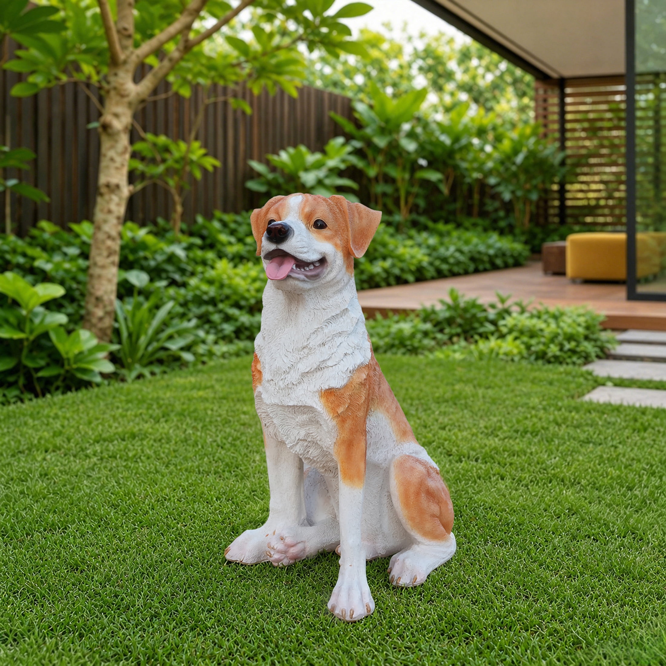Noble House Lifelike Sitting Hound Dog Statue, Realistic Resin Animal Figurine for Outdoor Garden Decor, Brown White