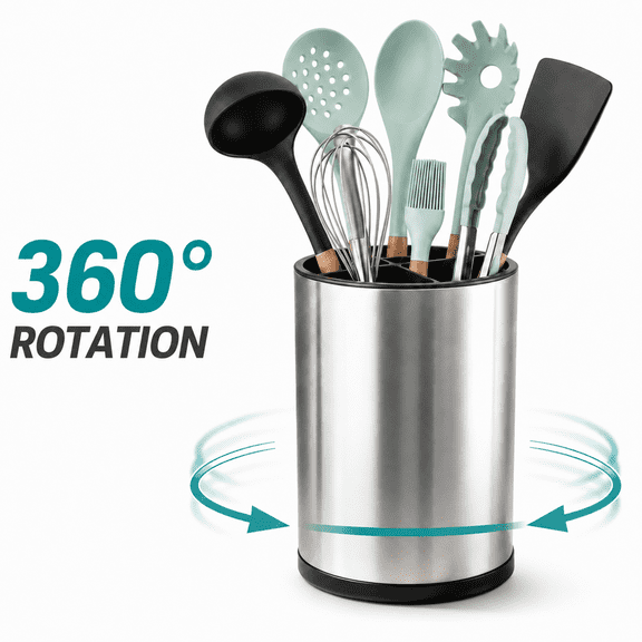 Large 360° Rotating Kitchen Utensil Holder, Countertop Stainless Steel Organizer, Utensil Crock with 3 Compartments, Spatula Holder & Removable Base