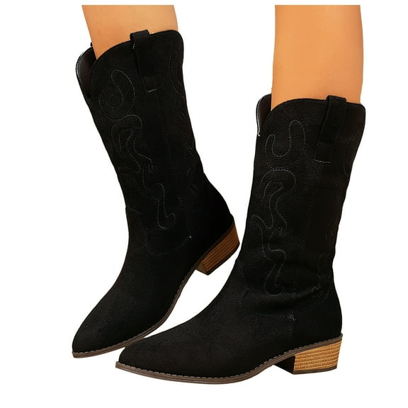 Vintage Wide Calf Cowboy Boots for Women Classic Embroidered Pointed Toe Chunky Mid Heel Slip on Western Cowgirl Riding Boots
