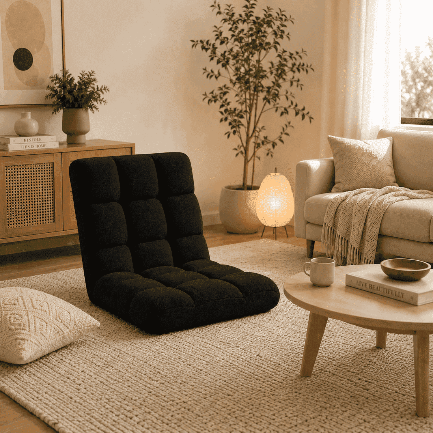 Naomi Home Adjustable Floor Chair with Back Support, 14-Position Foldable Floor Lounger, Velvet Cushion for Reading, Gaming,& Relaxing - Black