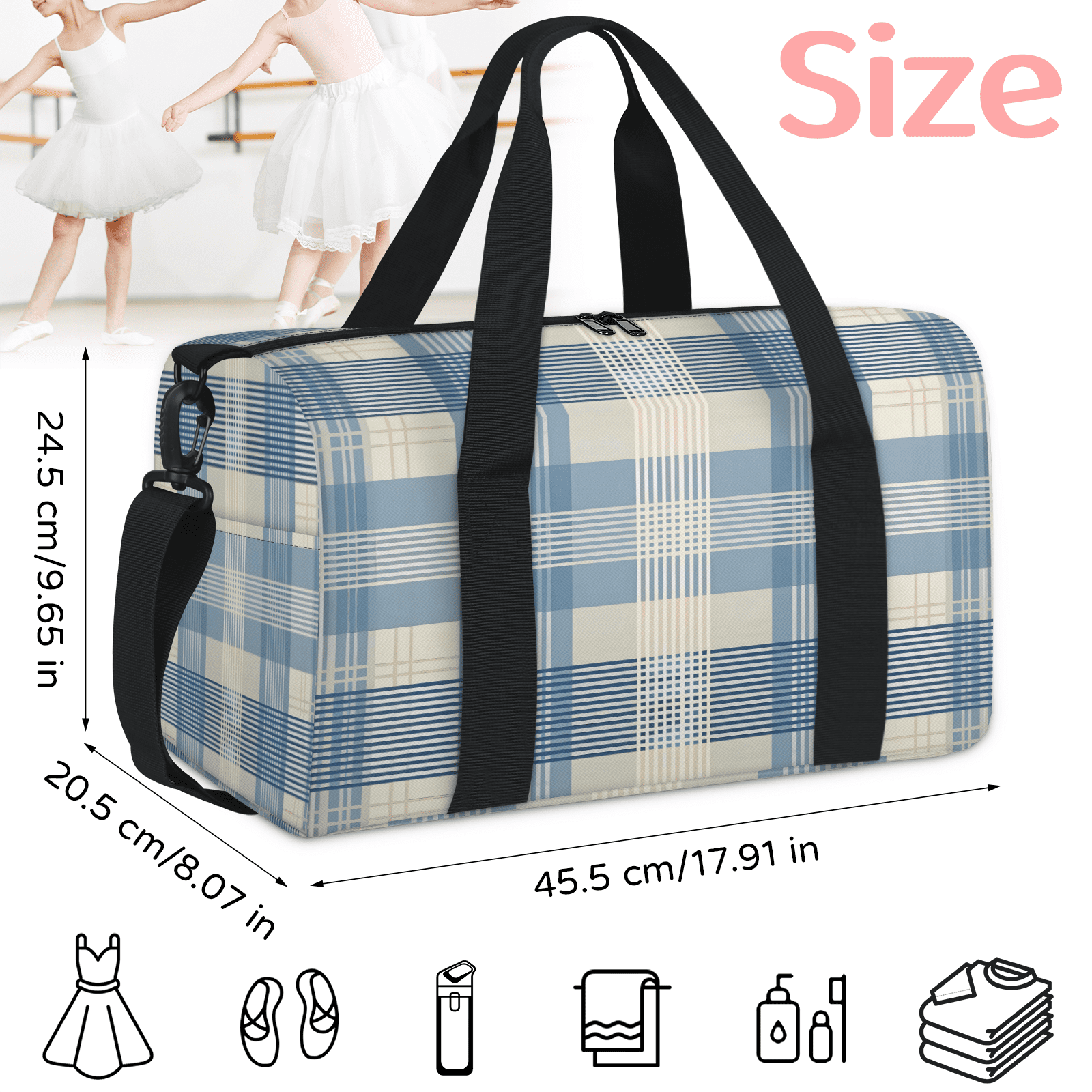 Herdesigns Plaid Blue Check Gym Bag for Women, Duffle Bag for Travel Sport, Lightweight Waterproof Carry on Weekender Overnight Dance Yoga Workout Bags