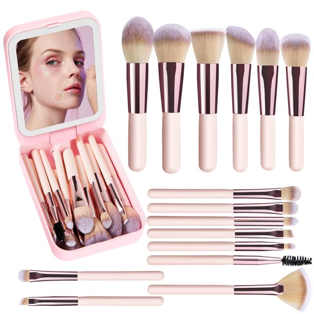 Set de brochas de maquillaje de viaje con espejo de luz LED para niñas adolescentes