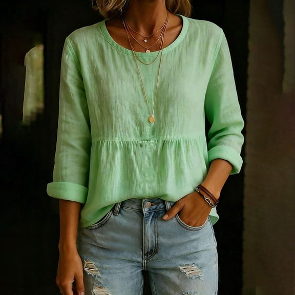 Uootdi Women's Tops 3/4 Sleeve Crew Neck Peplum Blouses Bohemian Casual Style Linen Blend Lightweight Breathable Relaxed Fit Shirts Gift